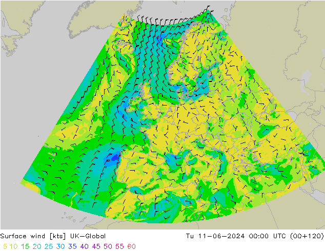 Surface wind UK-Global Tu 11.06.2024 00 UTC