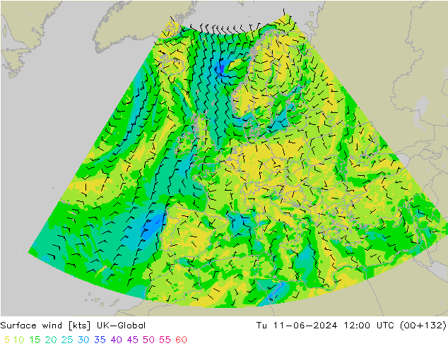 ветер 10 m UK-Global вт 11.06.2024 12 UTC