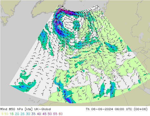 Vento 850 hPa UK-Global Qui 06.06.2024 06 UTC