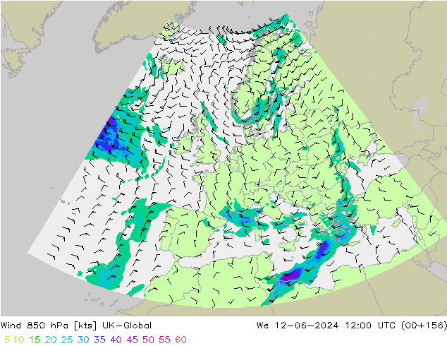 Wind 850 hPa UK-Global We 12.06.2024 12 UTC