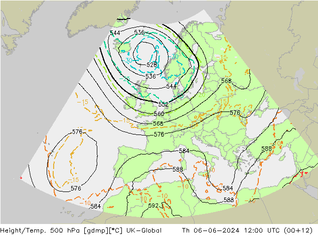 Height/Temp. 500 hPa UK-Global Th 06.06.2024 12 UTC