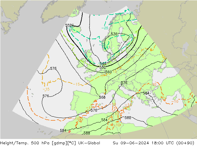 Hoogte/Temp. 500 hPa UK-Global zo 09.06.2024 18 UTC