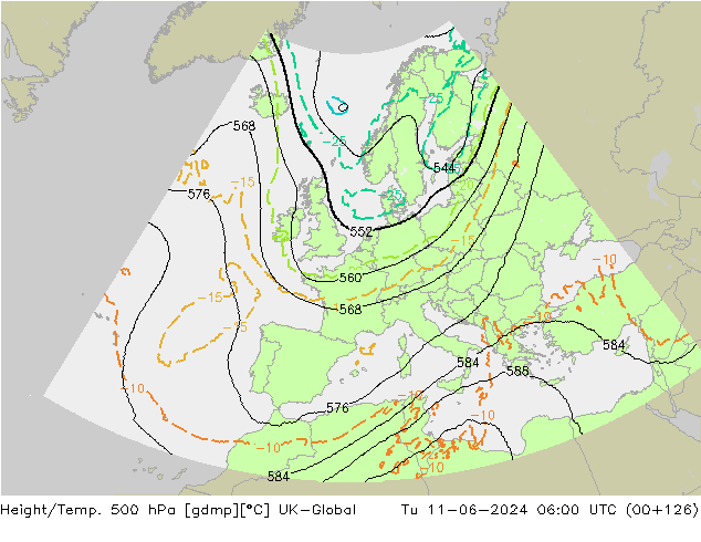 Height/Temp. 500 hPa UK-Global Di 11.06.2024 06 UTC