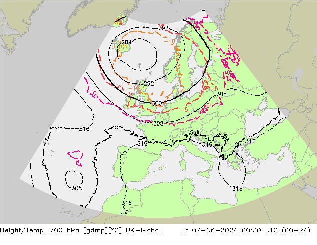 Height/Temp. 700 hPa UK-Global ven 07.06.2024 00 UTC