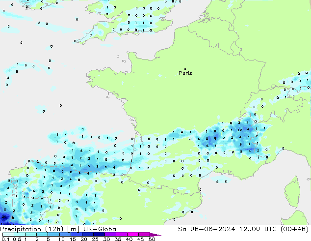 Precipitazione (12h) UK-Global sab 08.06.2024 00 UTC
