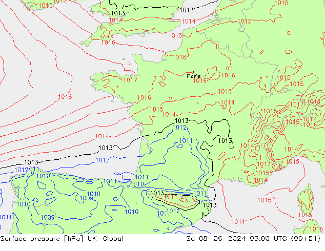 Pressione al suolo UK-Global sab 08.06.2024 03 UTC