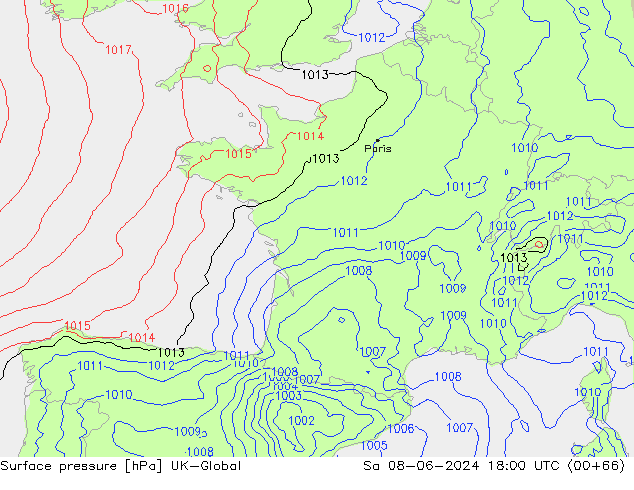 Presión superficial UK-Global sáb 08.06.2024 18 UTC