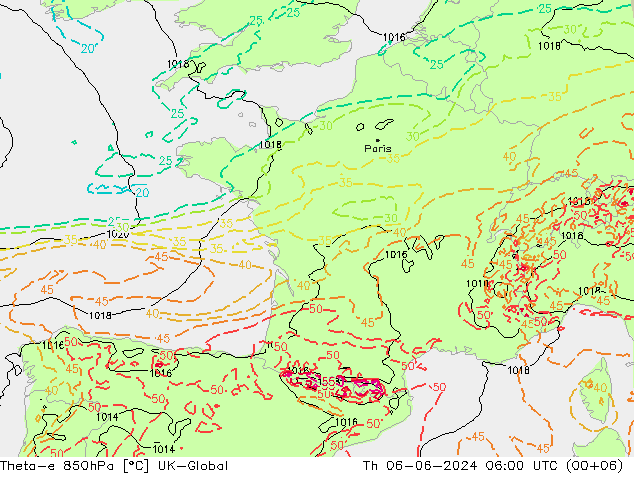 Theta-e 850hPa UK-Global Th 06.06.2024 06 UTC