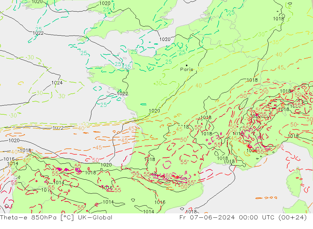 Theta-e 850hPa UK-Global Fr 07.06.2024 00 UTC
