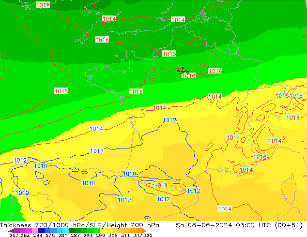 Thck 700-1000 hPa UK-Global sab 08.06.2024 03 UTC