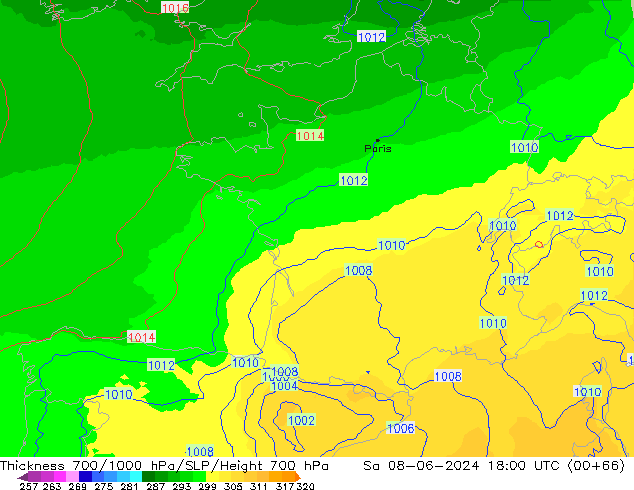 Espesor 700-1000 hPa UK-Global sáb 08.06.2024 18 UTC