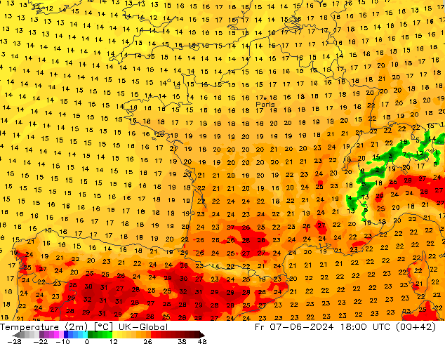 température (2m) UK-Global ven 07.06.2024 18 UTC