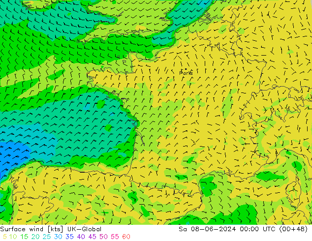 Viento 10 m UK-Global sáb 08.06.2024 00 UTC