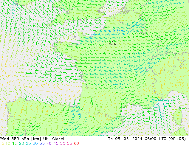 Wind 850 hPa UK-Global do 06.06.2024 06 UTC