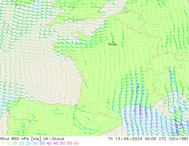 Vent 850 hPa UK-Global jeu 13.06.2024 00 UTC