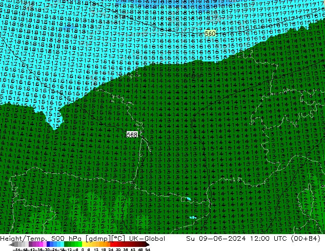 Height/Temp. 500 hPa UK-Global Su 09.06.2024 12 UTC