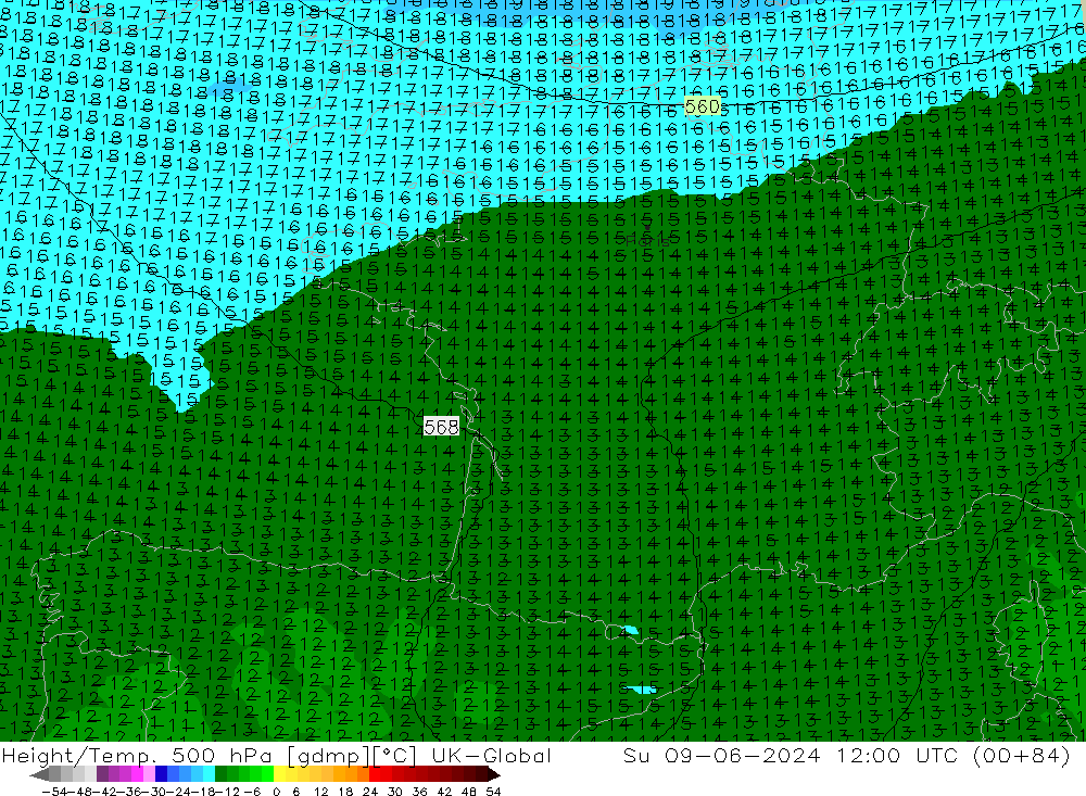 Height/Temp. 500 hPa UK-Global Su 09.06.2024 12 UTC