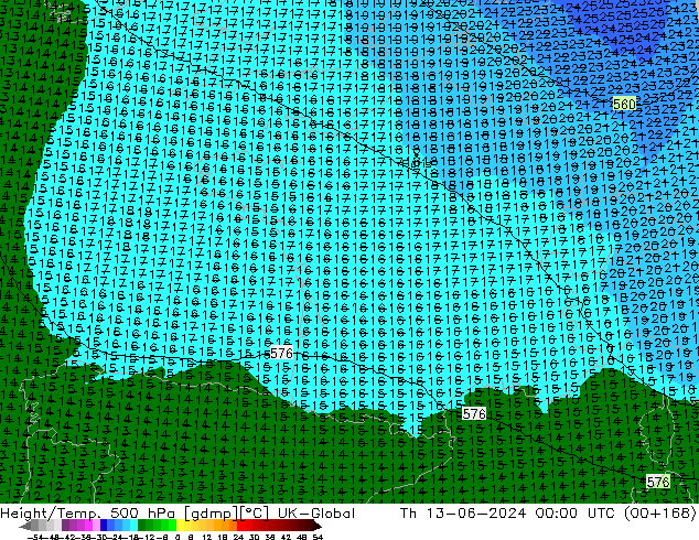 Height/Temp. 500 hPa UK-Global Th 13.06.2024 00 UTC