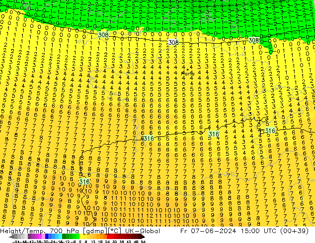 Height/Temp. 700 hPa UK-Global Fr 07.06.2024 15 UTC