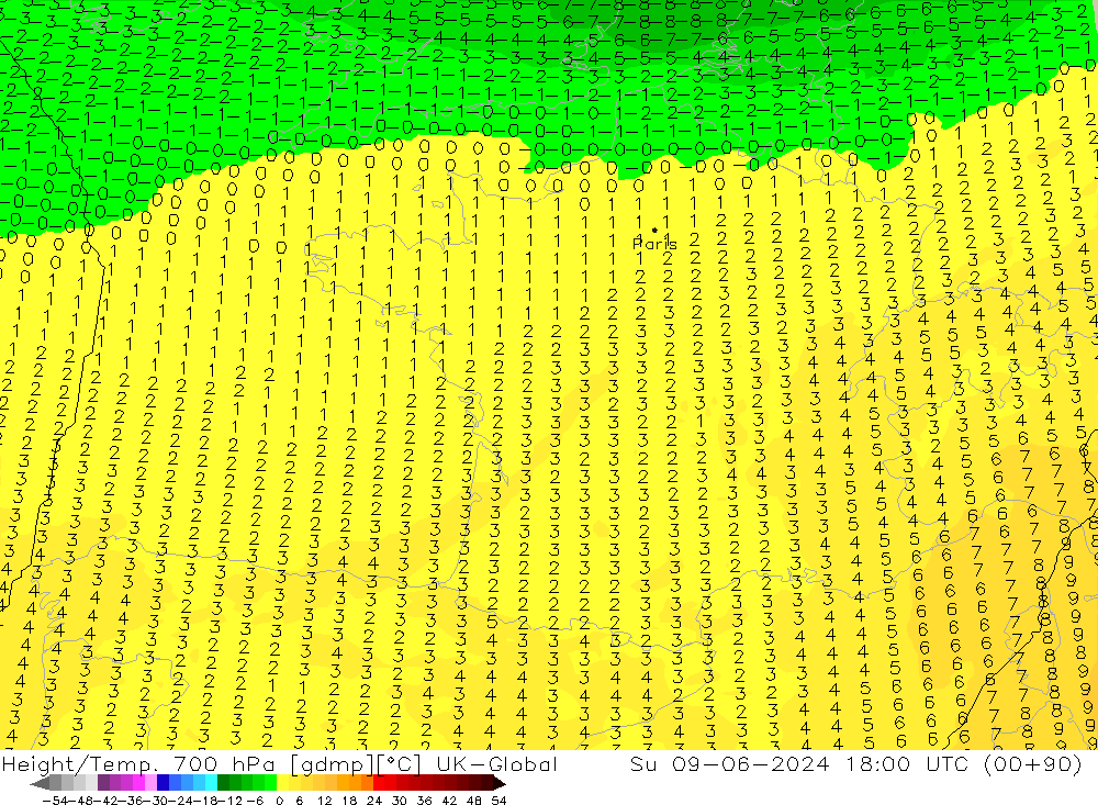 Height/Temp. 700 гПа UK-Global Вс 09.06.2024 18 UTC