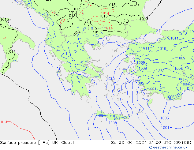 приземное давление UK-Global сб 08.06.2024 21 UTC