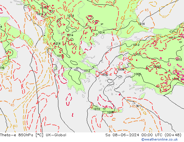 Theta-e 850hPa UK-Global Sáb 08.06.2024 00 UTC