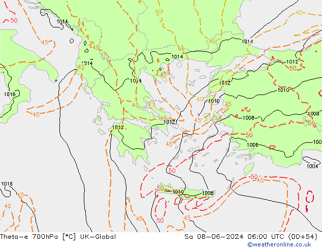 Theta-e 700гПа UK-Global сб 08.06.2024 06 UTC