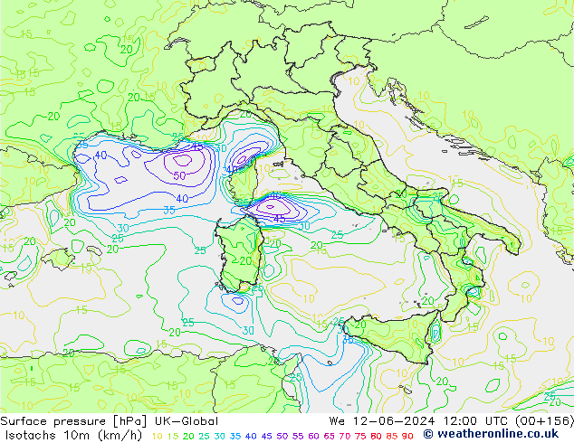 Isotachen (km/h) UK-Global Mi 12.06.2024 12 UTC