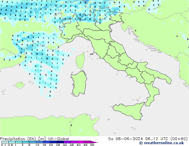 Précipitation (6h) UK-Global sam 08.06.2024 12 UTC