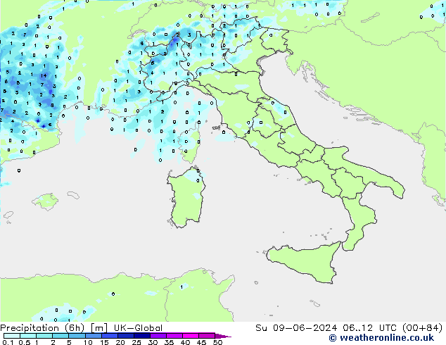 Precipitation (6h) UK-Global Su 09.06.2024 12 UTC