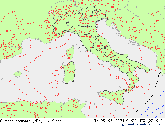 Pressione al suolo UK-Global gio 06.06.2024 01 UTC