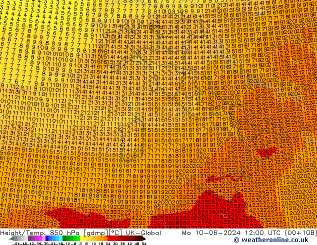 Height/Temp. 850 hPa UK-Global Mo 10.06.2024 12 UTC