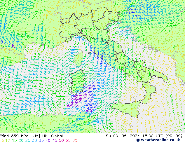 wiatr 850 hPa UK-Global nie. 09.06.2024 18 UTC