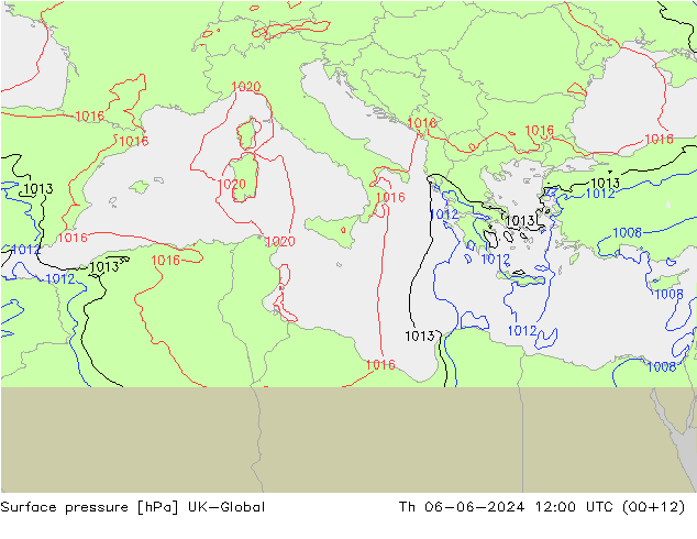 Pressione al suolo UK-Global gio 06.06.2024 12 UTC