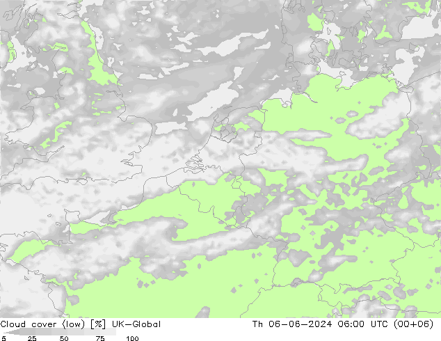 Cloud cover (low) UK-Global Th 06.06.2024 06 UTC