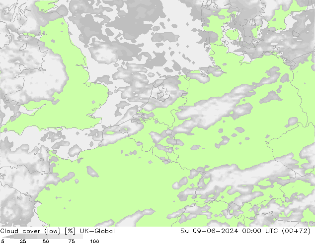 Cloud cover (low) UK-Global Su 09.06.2024 00 UTC