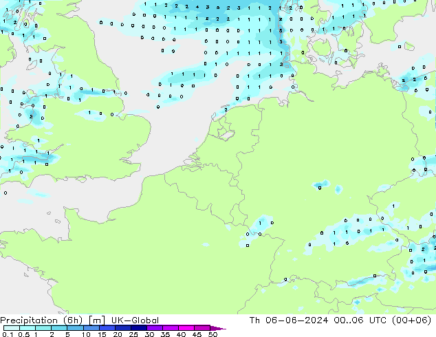 Precipitation (6h) UK-Global Th 06.06.2024 06 UTC