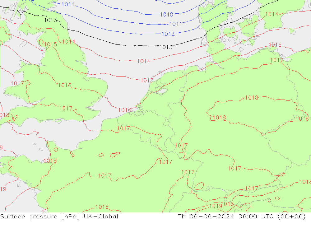 Atmosférický tlak UK-Global Čt 06.06.2024 06 UTC