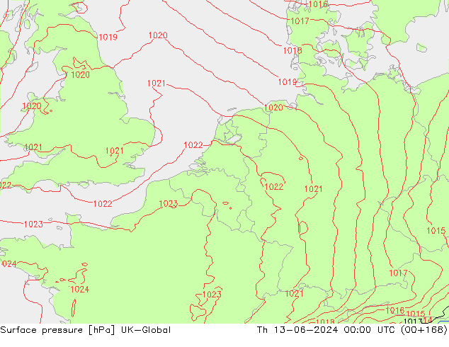 Surface pressure UK-Global Th 13.06.2024 00 UTC