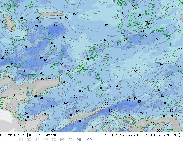 Humidité rel. 850 hPa UK-Global dim 09.06.2024 12 UTC