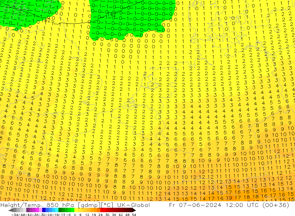 Height/Temp. 850 hPa UK-Global Fr 07.06.2024 12 UTC