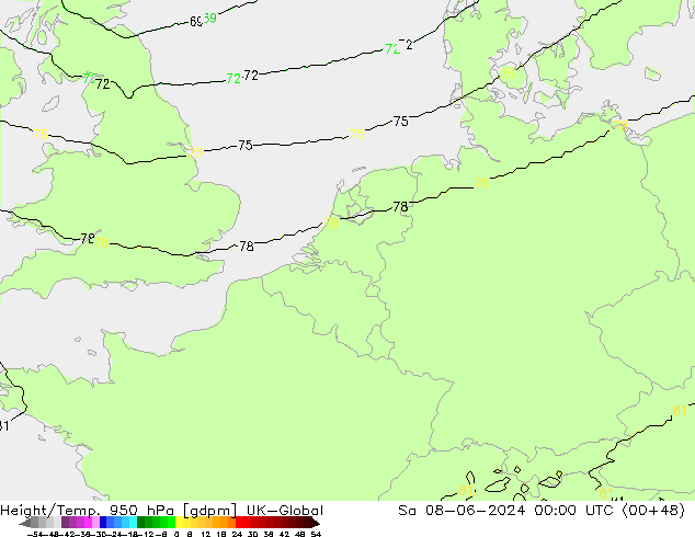 Height/Temp. 950 hPa UK-Global Sáb 08.06.2024 00 UTC