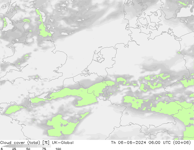 Bewolking (Totaal) UK-Global do 06.06.2024 06 UTC