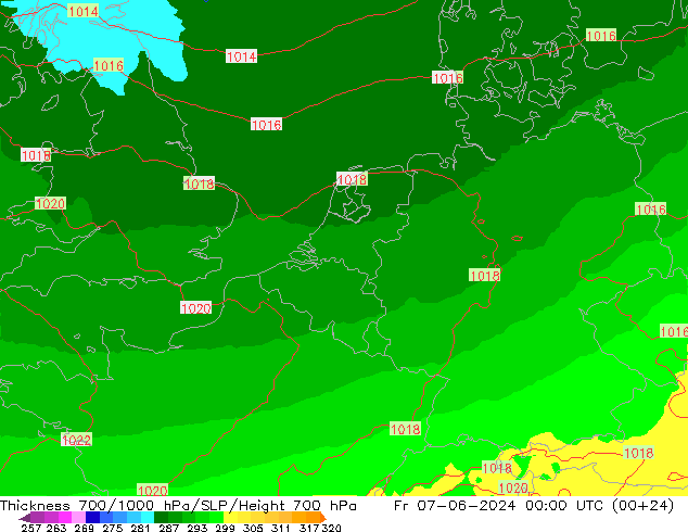 Espesor 700-1000 hPa UK-Global vie 07.06.2024 00 UTC