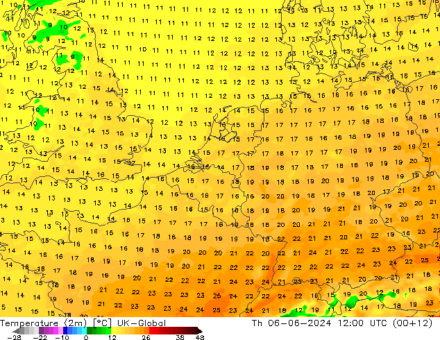 Temperatura (2m) UK-Global gio 06.06.2024 12 UTC