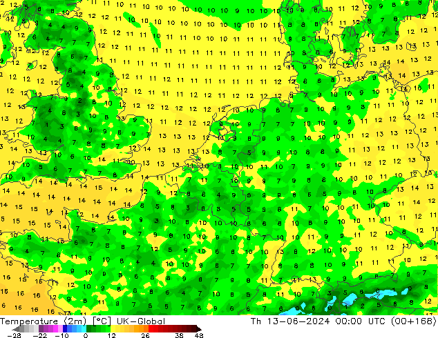 Temperaturkarte (2m) UK-Global Do 13.06.2024 00 UTC