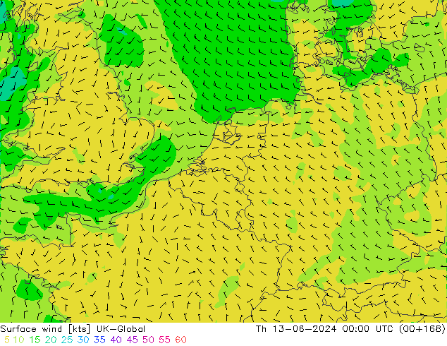 Surface wind UK-Global Th 13.06.2024 00 UTC