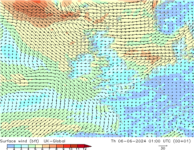 Wind 10 m (bft) UK-Global do 06.06.2024 01 UTC