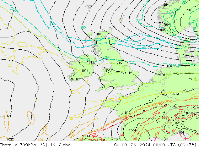 Theta-e 700hPa UK-Global nie. 09.06.2024 06 UTC