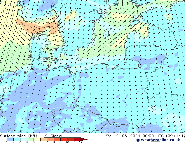 Surface wind (bft) UK-Global We 12.06.2024 00 UTC